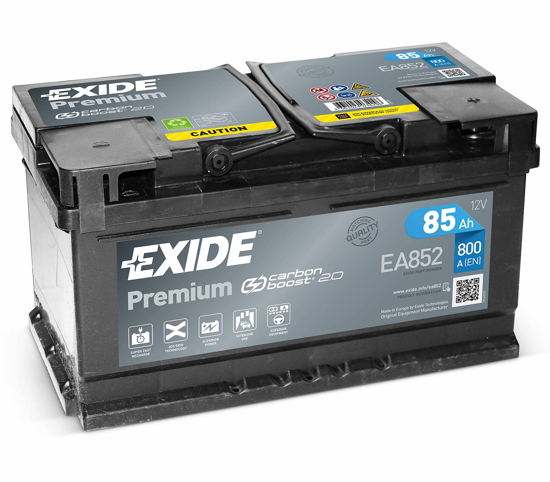 EXIDE Premium Carbon Boost EA852 85Ah 12V 800A Autobatterie (Neues Modell) von Exide