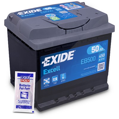 Exide Excell EB500 Starterbatterie 50Ah 450A + 10g Batterie-Pol-Fett [Hersteller-Nr. EB500] für Abarth, Alfa Romeo, Alpine, Audi, Austin, Autobianchi, von Exide