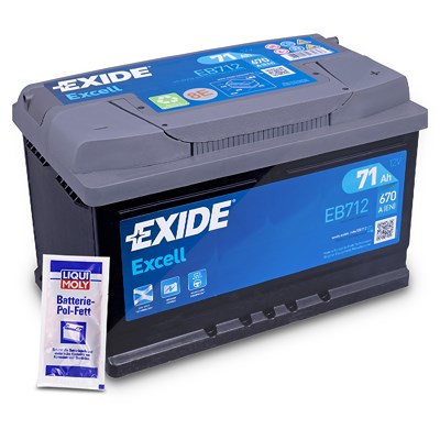Exide Excell EB712 Starterbatterie 71Ah 670A + 10g Batterie-Pol-Fett [Hersteller-Nr. EB712] für Alfa Romeo, Audi, Austin, Bentley, BMW, Cadillac, Chev von Exide