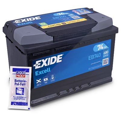 Exide Excell EB740 Starterbatterie 74Ah 680A + 10g Batterie-Pol-Fett [Hersteller-Nr. EB740] für Alfa Romeo, Alpina, Alpine, Aro, Artega, Aston Martin, von Exide