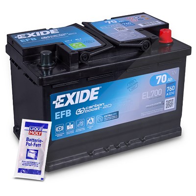 Exide EL700 EFB Starterbatterie 70Ah 760A + 10g Batterie-Pol-Fett [Hersteller-Nr. EL700] für Ac, Alfa Romeo, Alpina, Alpine, Aro, Artega, Aston Martin von Exide