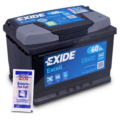 Exide Excell EB602 Starterbatterie 60Ah 540A + 10g Batterie-Pol-Fett [Hersteller-Nr. EB602] für Alpina, Aston Martin, Audi, Austin, Auto Union, BMW, C von Exide