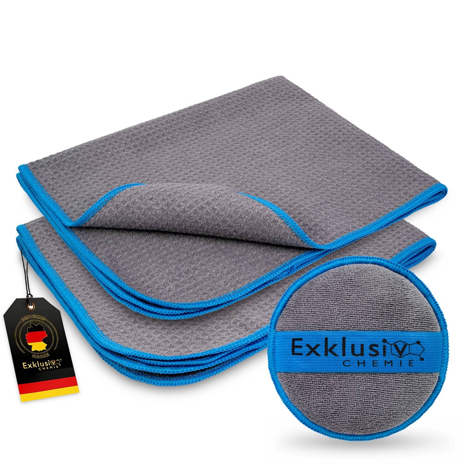 Exklusiv Chemie 2X Waffeltücher + Pad - 50 x 40 cm - 320 GSM | Mikrofaser Waffeltuch für Autoscheiben & Fensterputztuch | Scheibentuch | Streifenfreie Scheibenreinigung von Exklusiv Chemie
