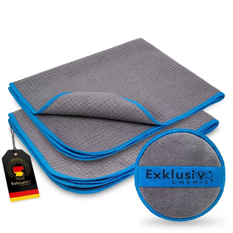 Exklusiv Chemie 2X Waffeltücher + Pad - 50 x 40 cm - 320 GSM | Mikrofaser Waffeltuch für Autoscheiben & Fensterputztuch | Scheibentuch | Streifenfreie Scheibenreinigung von Exklusiv Chemie
