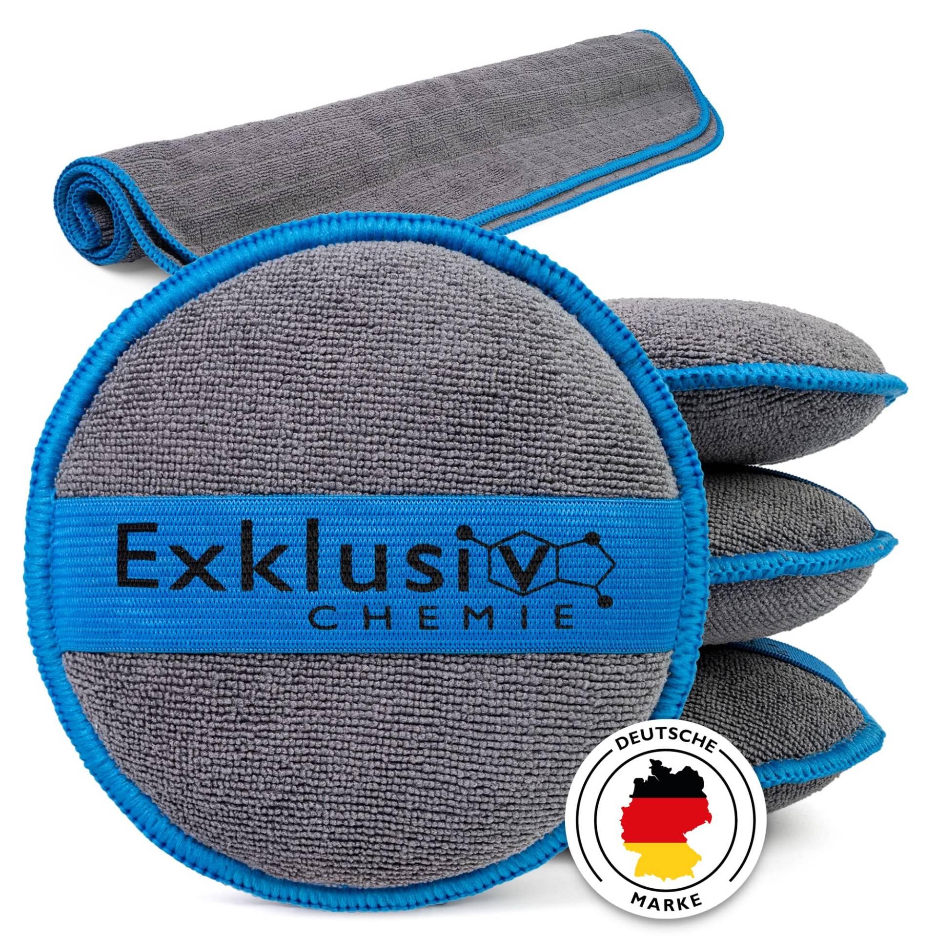 Exklusiv Chemie® 4X Handpolierschwamm Auto + Mikrofasertuch Q1 GSM 380 | Applikator Pad Mikrofaser | Auftragen von Politur, Wachs & Pflegemittel | weicher Politur Schwamm | Microfaser Pad von Exklusiv Chemie