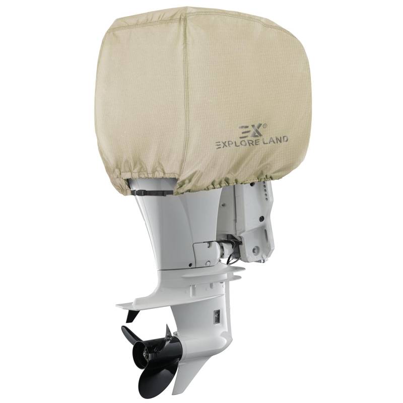 Explore Land wasserdichte 600D robuste Außenbordmotorabdeckung – volle Größe Bootsmotivabdeckungen passend für Motor 50–115 PS, Hellbraun von Explore Land