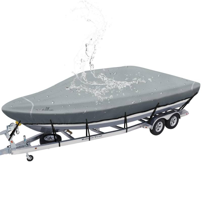 Explore Land wasserdichte Bootsabdeckung für Anhänger, passend für 35,6-40,6 cm Lange Strahlbreite bis 193 cm, V-Rumpf Tri-Hull Runabout Angeln Ski Pro Style Bass Boote (grau) von Explore Land
