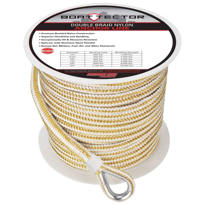 Extreme Max 3006.2261 BoatTector Premium Double Braid Nylon Ankerschnur mit Fingerhut – 1,27 cm x 50,8 m, Weiß & Gold von Extreme Max