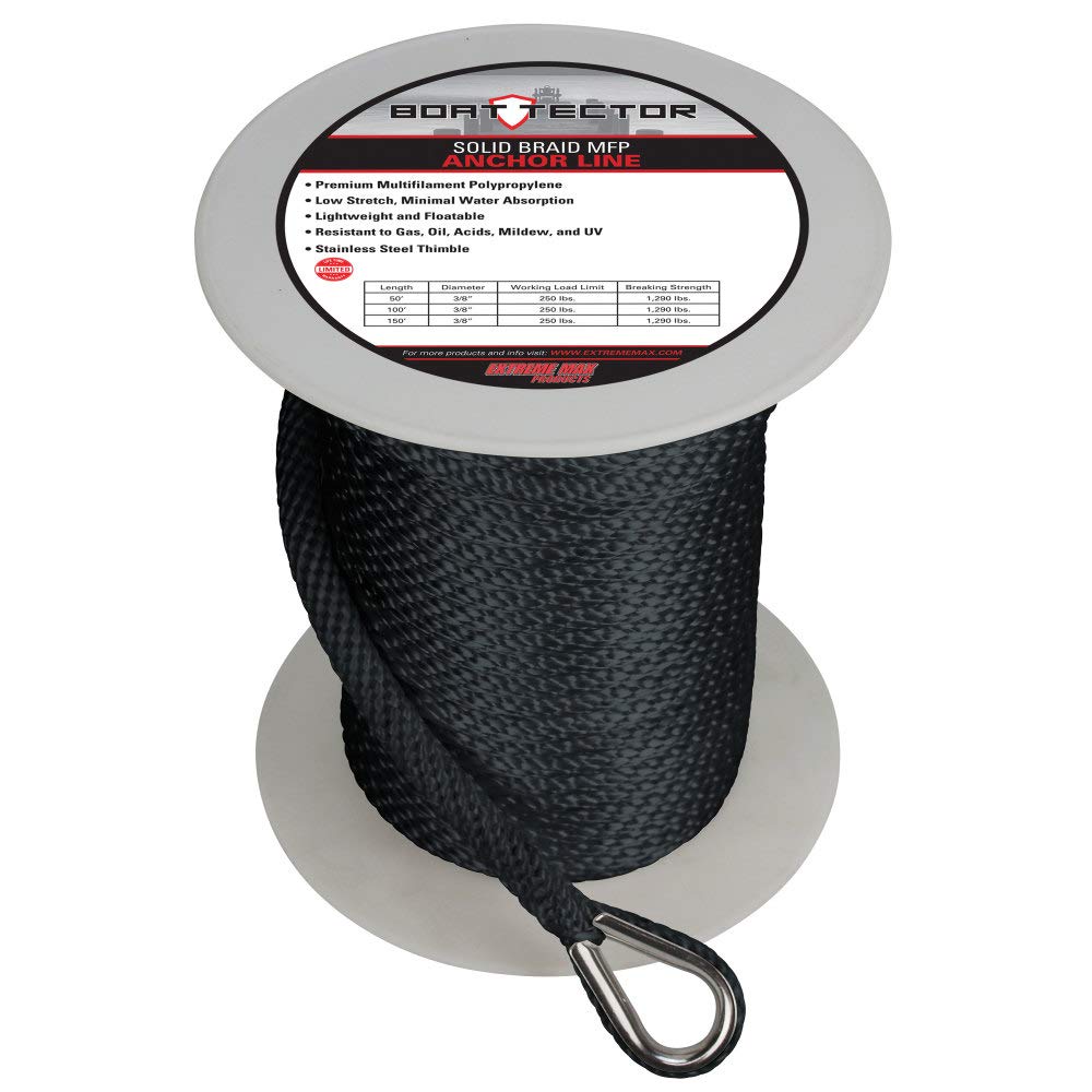 Extreme Max 3006.2291 BoatTector Solid Braid MFP Ankerleine mit Fingerhut – 0,95 cm x 4,5 m, Schwarz von Extreme Max