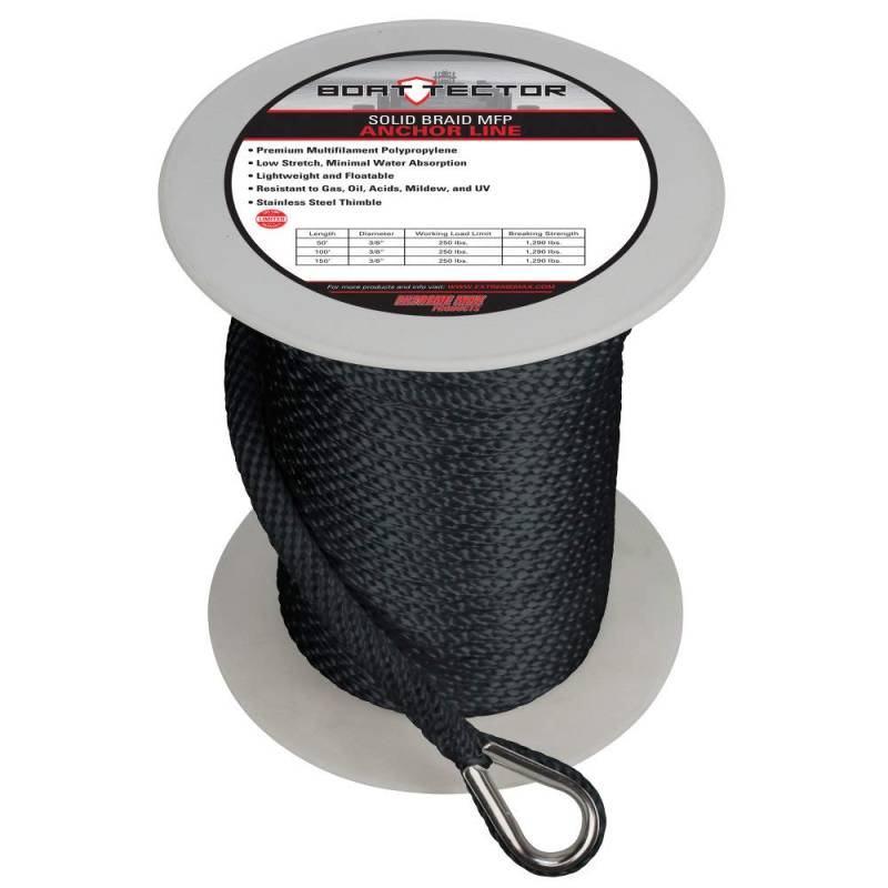 Extreme Max 3006.2291 BoatTector Solid Braid MFP Ankerleine mit Fingerhut – 0,95 cm x 4,5 m, Schwarz von Extreme Max