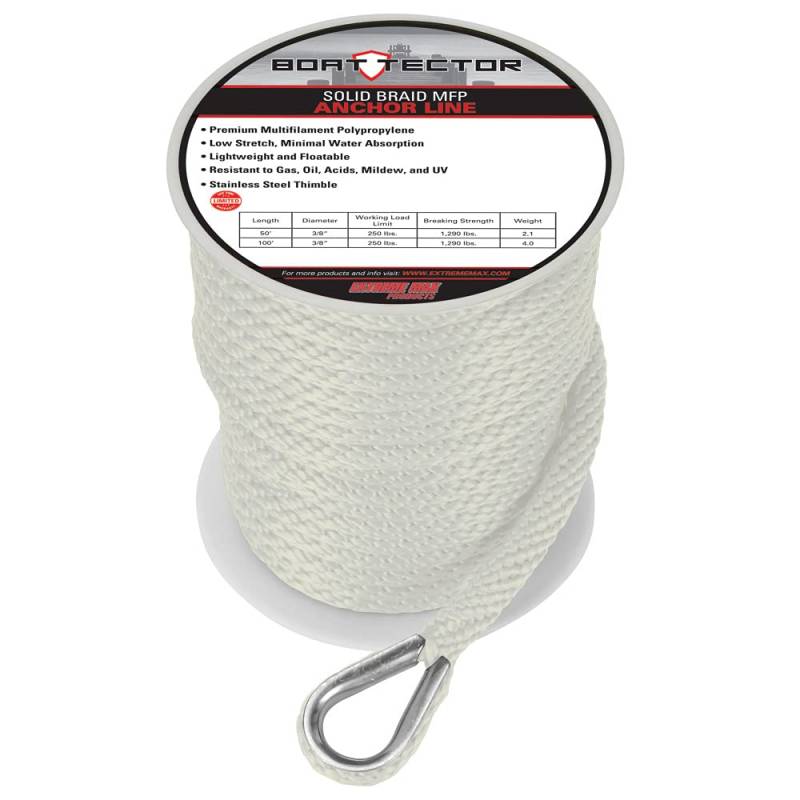 Extreme Max 3006.3458 BoatTector Solid Braid MFP Ankerschnur mit Fingerhut, 1,27 cm x 300 m, Weiß von Extreme Max
