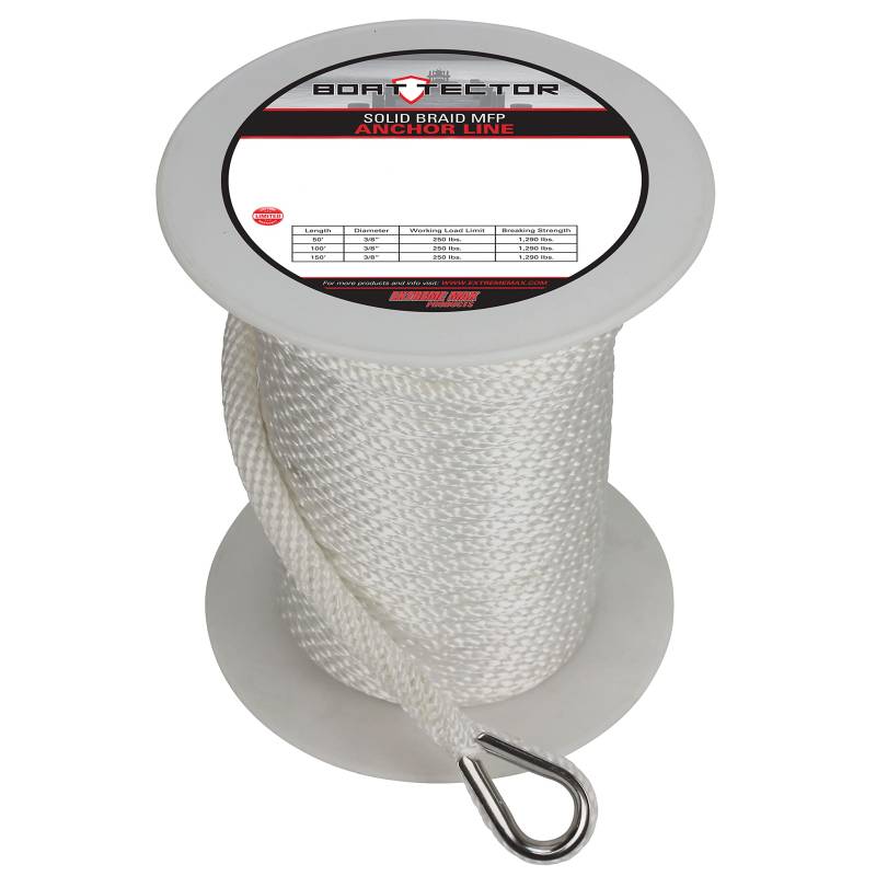 Extreme Max 3006.3462 BoatTector Solid Braid MFP Ankerleine mit Fingerhut, 1,27 cm x 150 m, Weiß von Extreme Max