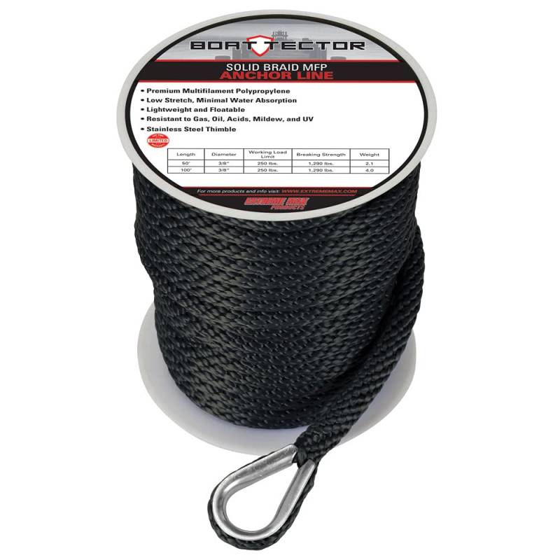 Extreme Max 3006.3468 BoatTector Solid Braid MFP Ankerleine mit Fingerhut, 1,27 cm x 300 m, Schwarz von Extreme Max