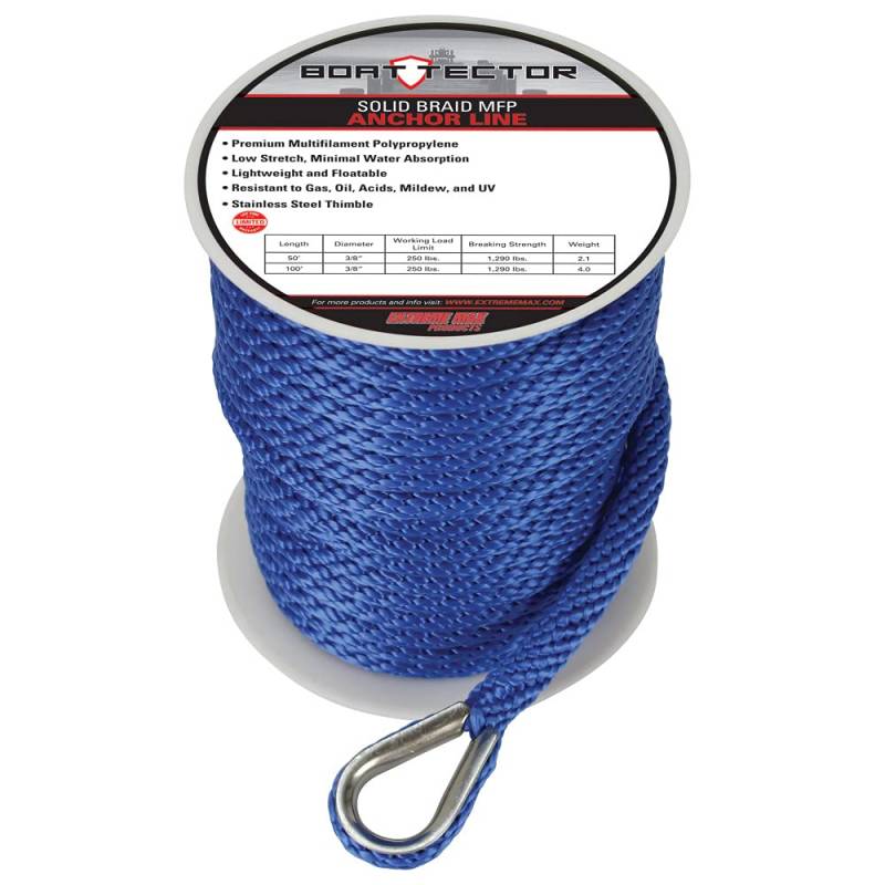 Extreme Max 3006.3482 BoatTector Solid Braid MFP Ankerleine mit Fingerhut, 1,27 cm x 150 m, Königsblau von Extreme Max