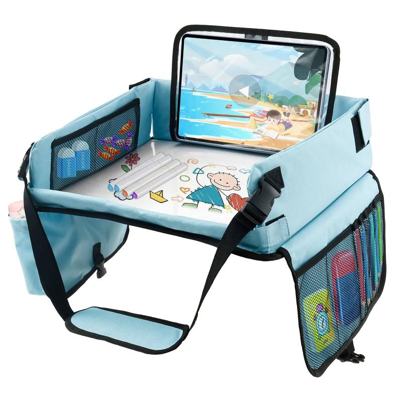 Eyoulife Reisetisch Kindersitz Faltbar 40x33x29cm, Reisetisch Auto Kinder mit Abwischbar Zeichnung Desktop, Netzbeutel, Transparente Tasche, Aufkleber, Knietablett Kinder Auto, für Reisen (Blau) von Eyoulife