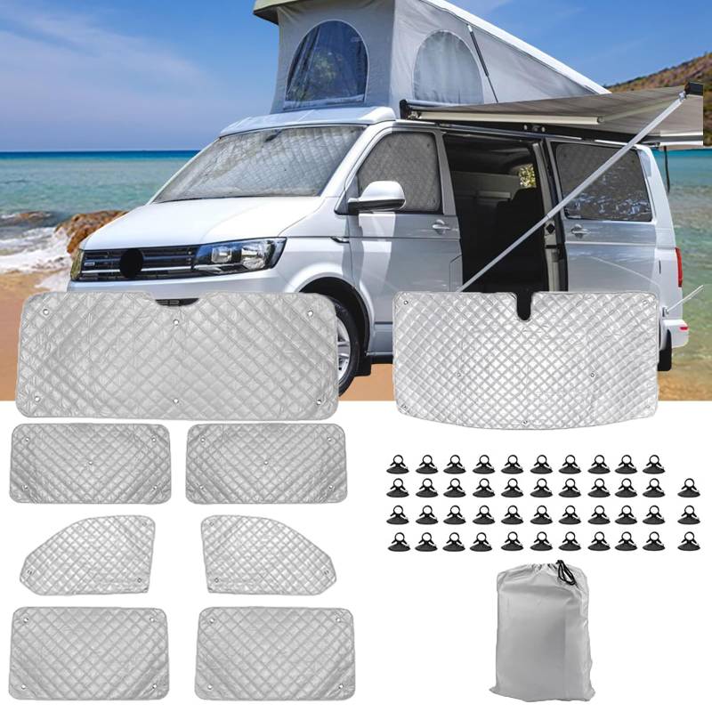 Thermomatte Fahrerhaus Innen für VW T5 T6 LWB, 8 Stück Sonnenschutz Frontscheibe Innen Verdunkelung Auto Frontscheibenabdeckung Thermorollo Set Windschutzscheiben Schutz Set von Eysbiy