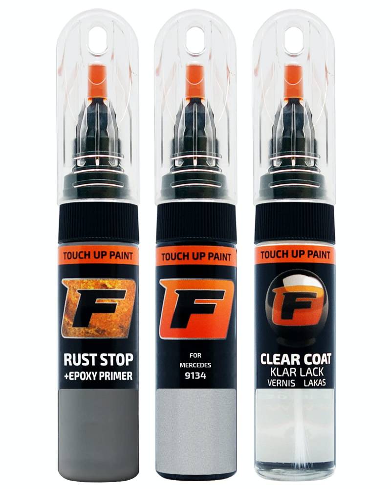 FIRANTO Lackstift Autolack Reparaturset für Mercedes 9134 Bergkristallweiss - 3-in-1 Autolack Kratzer Reparaturstift 15ml Grundierung, Klarlack von F FIRANTO