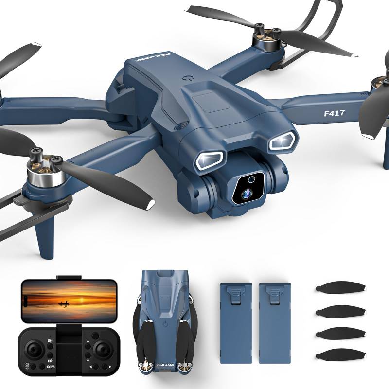Bürstenlosem Motor Drohne mit 2 Kamera für Erwachsene, Kamera Einstellbarer 4K Drohne, 5GHz WiFi FPV RC Quadcopter mit Optische Fluss Positionierung für Anfänger, 3D Flip, 2 Batterien von FAKJANK