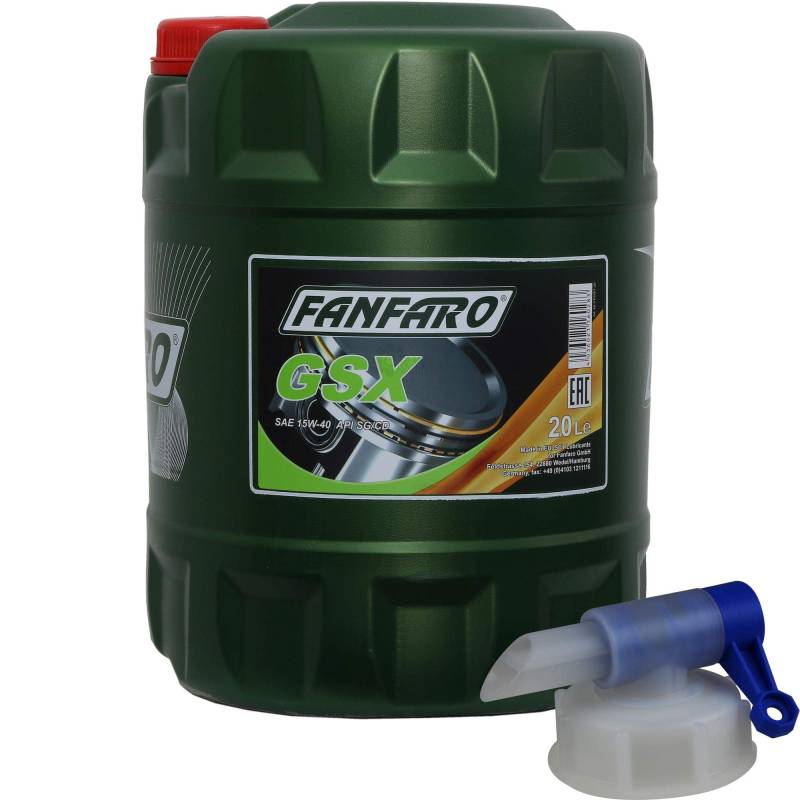 20 Liter FANFARO Motoröl GSX 15W-40 API SG/CD Engine Oil Öl inkl. Auslaufhahn von FANFARO