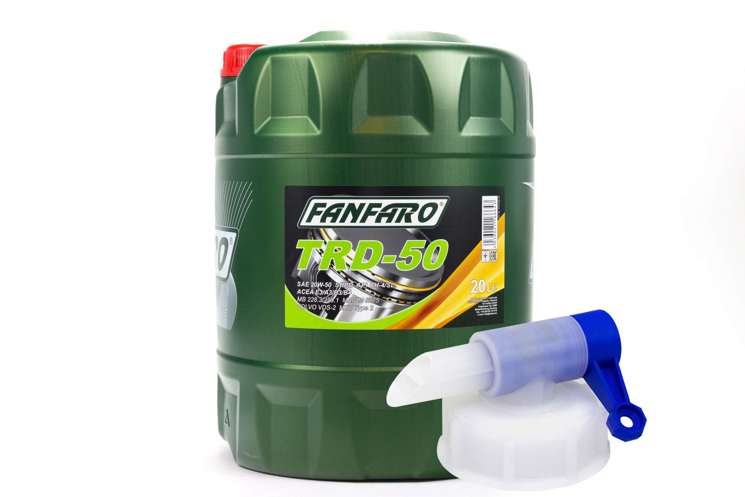 Motoröl FANFARO TRD 50 SHPD 20W-50 API CH-4 CSHPG-4 SL 20 Liter inkl. Auslasshahn von FANFARO