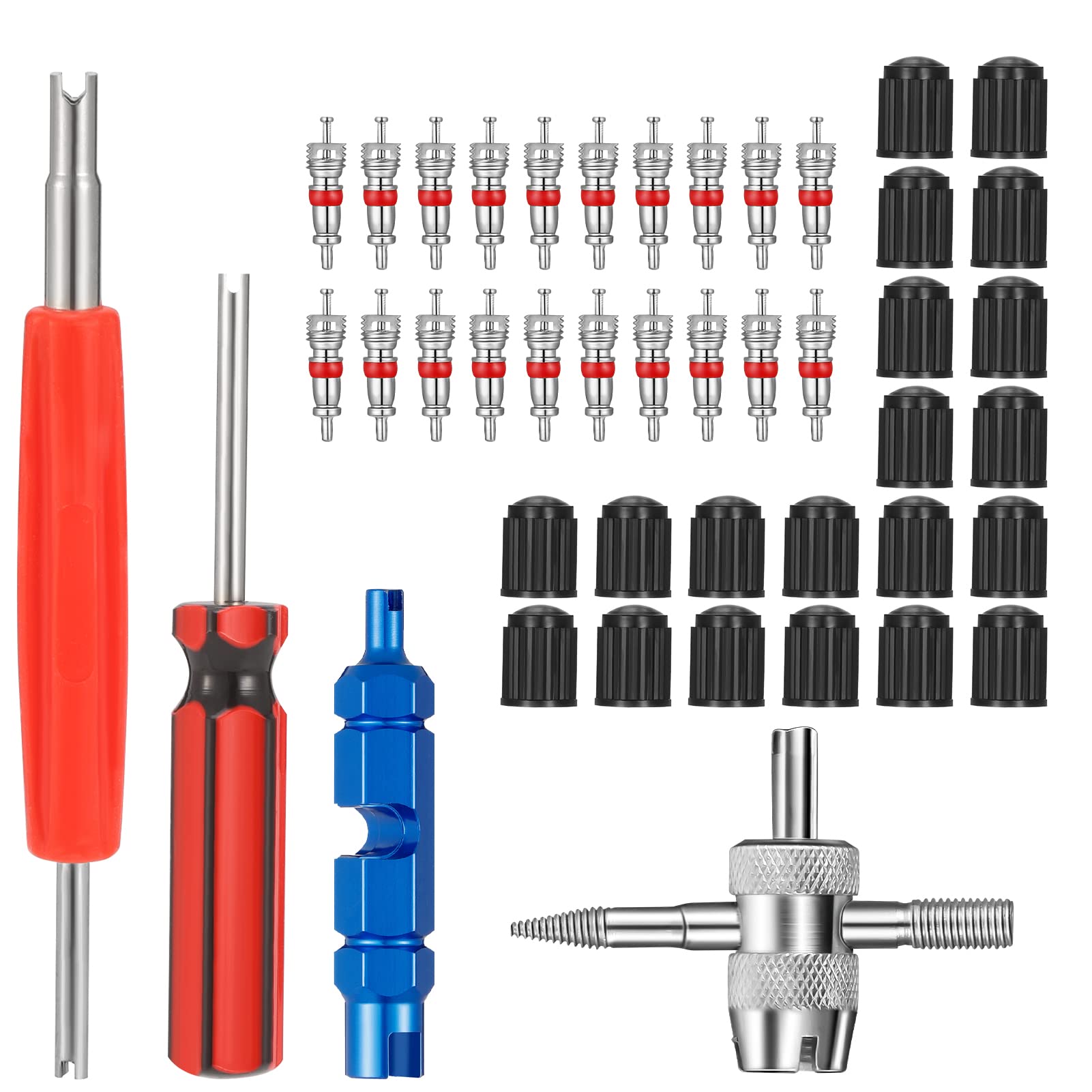 FANTESI 44 Stück Ventilkern Reparatur Werkzeug, Auto Bike Reifenventilentferner, 4 in 1 Ventilkern Reparatur Werkzeug, 20 Stück Ventilkern, 20 Stück Reifenventil Kappen von FANTESI