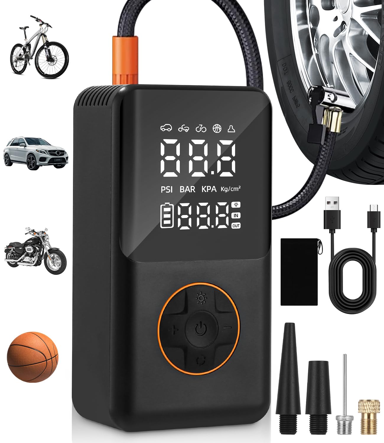 FAOKZE Elektrische Luftpumpe,150PSI Fahrrad Tragbarer Kompressor,Mini Reifenpumpe mit 4000mAh Akku Kompressor,Wiederaufladbare Reifenpumpe mit LED-Licht für alle Fahrräder Motorräder und Autos,AutoOff FAOKZE Elektrische Luftpumpe,150PSI Fahrrad Tragbarer Kompressor,Mini Reifenpumpe mit 4000mAh Akku Kompressor,Wiederaufladbare Reifenpumpe mit LED-Licht für alle Fahrräder Motorräder und Autos,AutoOff von FAOKZE