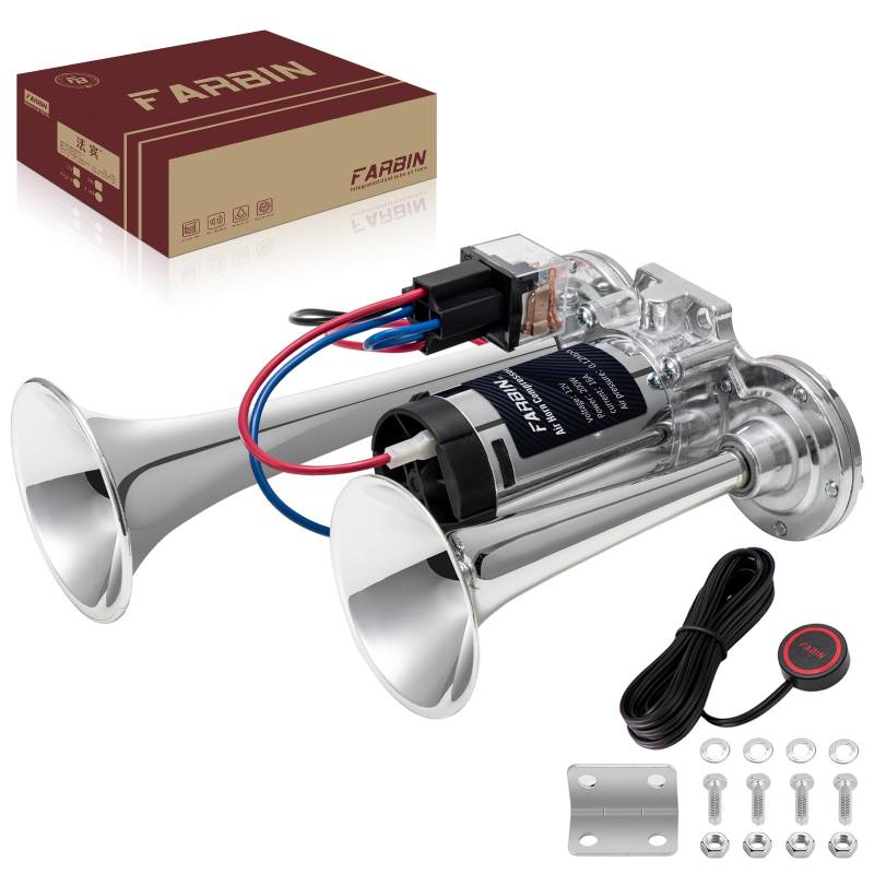 12V LKW Hupe Luft Horn, Super Laut Doppelrohr Lufthorn Elektrische Auto Air Horn-Kit für Alle Fahrzeuge LKW Lörries Züge Boote Cars Vans Motorrad, Chrom Zink Silber von FARBIN