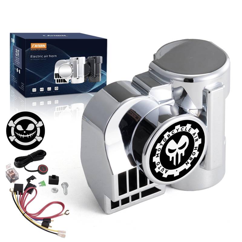 FARBIN 12V Motorrad Hupe Auto Horn Kit Air Horn 150db Laute Luft Hupe Druckluft Hupen Kit für Motorrad LKW Auto Boot Pickup Jeep (12V, Silbrig Kabelbaum und Druckknopf) von FARBIN