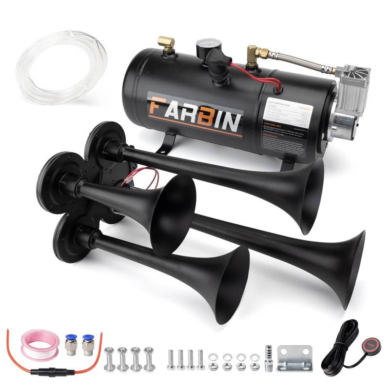 FARBIN 178dB 4 Trompete Horns Zug Horn Kit für LKW Super Loud Luft Hörner mit 150 PSI 12V Luft Kompressor Lufttank Kann für Jeep SUV Zug Metall Schwarz (0.8 gal 12v schwarze Luft Horn Kit) von FARBIN