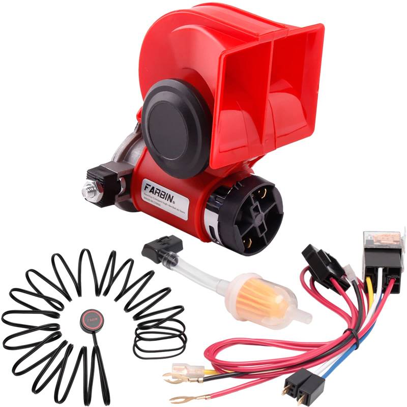 FARBIN Auto Horn Kit 12V 150db laute Luft Horn mit Kompressor,Kompakte Horn mit Relais Harness Taste für Auto LKW Jeep (12V, Rot Luft Horn mit Knopf) von FARBIN