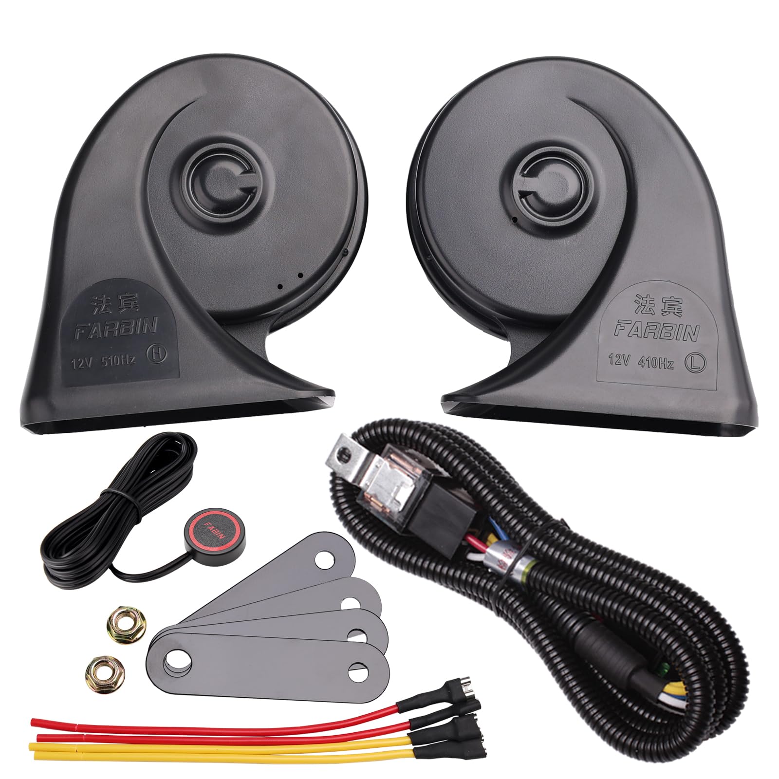 FARBIN Auto Horn Kit mit Knopf Wasserdichte Auto Horn 12v Super Loud Zug Horns Elektrische Schnecke Horn Luft Horns LKW Horn Universal für Auto Motorrad LKW Boot（Boutique Horn mit Kabelbaum und Knopf） von FARBIN