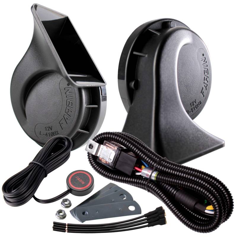 FARBIN Auto Horns Kit mit Knopf 12V LKW Horn Laute Zug Horn für Auto Elektrische Luft Horns (12V, Schneckenhorn mit Geschirr und Knopf) von FARBIN
