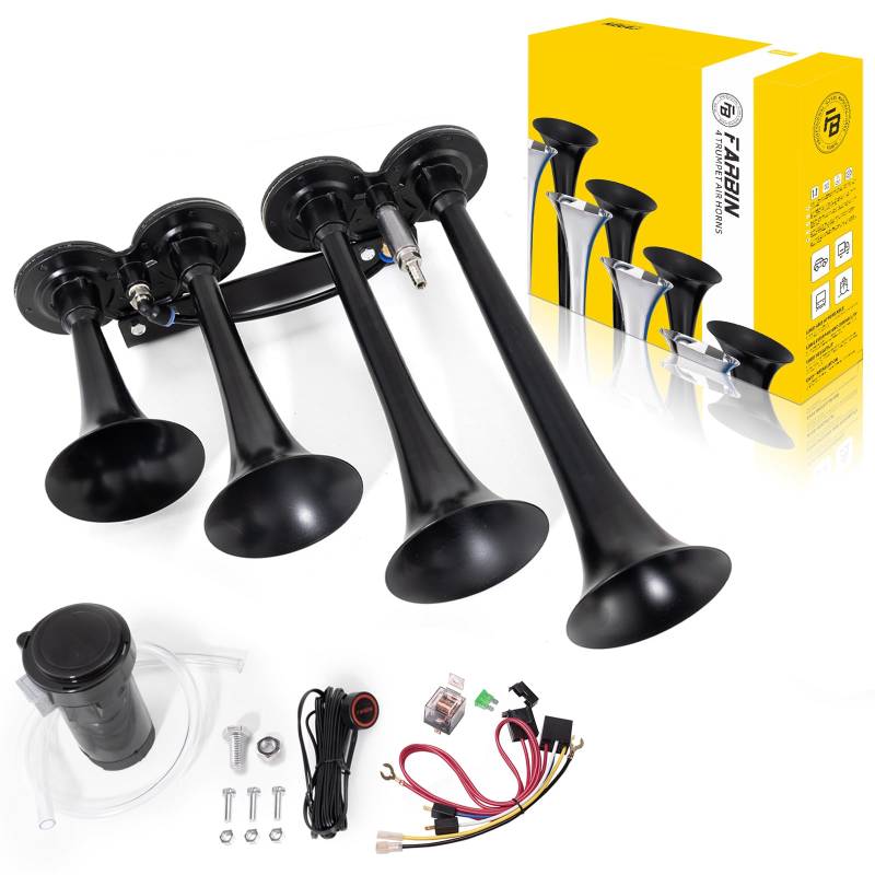 FARBIN LKW Luft Horn 150DB Zug hupe 12V 4 Trompete Auto hupen für LKW Super Laute Luft Horn mit Kompressor für Fahrzeug Auto Pickup Jeep SUV Boot (schwarz Parallel 4-Rohr mit Luftkompressor 12V) von FARBIN