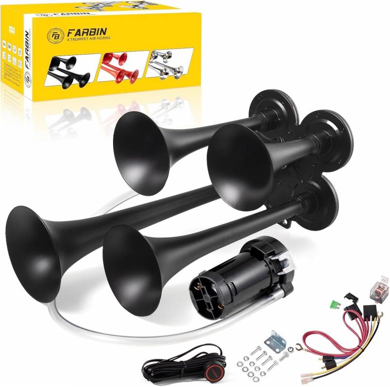 FARBIN LKW Luft Horn 150DB Zug hupe 12V 4 Trompete Auto hupen für LKW Super Laute Luft Horn mit Kompressor für Fahrzeug Auto Pickup Jeep SUV Boot von FARBIN