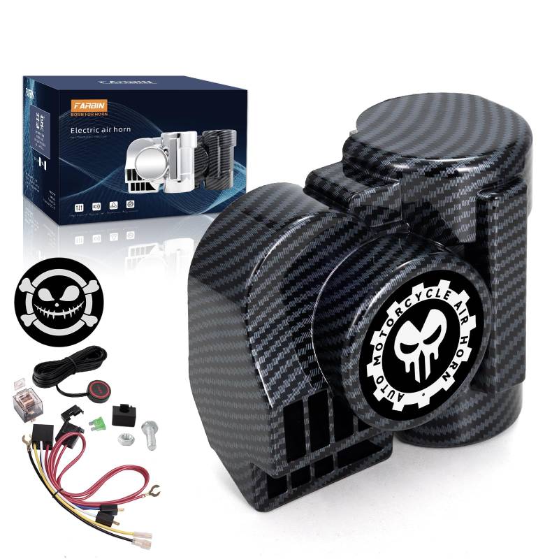 FARBIN Motorrad Hupe LKW Lufthupe Air Horn Zug hupe 12V 150db Super Laute Luft Hupe Auto Hupe Druckluft Hupe Kit für Motorrad Auto Boot (12V, Schwarzes Kabelbaum und Druckknopf) von FARBIN