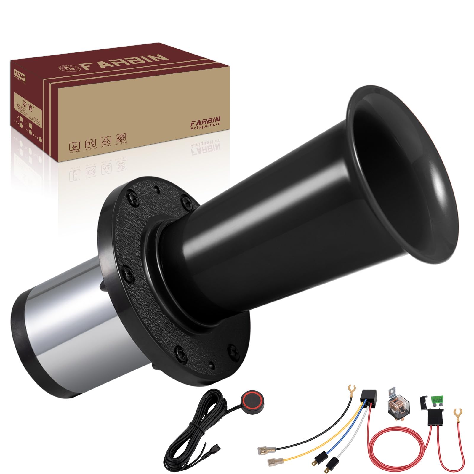 Oldtimer Hupe 12v FARBIN Ahooga Hupe für Auto LKW Retro Vintage Horn Kit verchromt Signalhorn 12 V Oldtimer Fanfare Horn UNIVERSAL Horn (Schwarz Hupe mit Knopf) von FARBIN