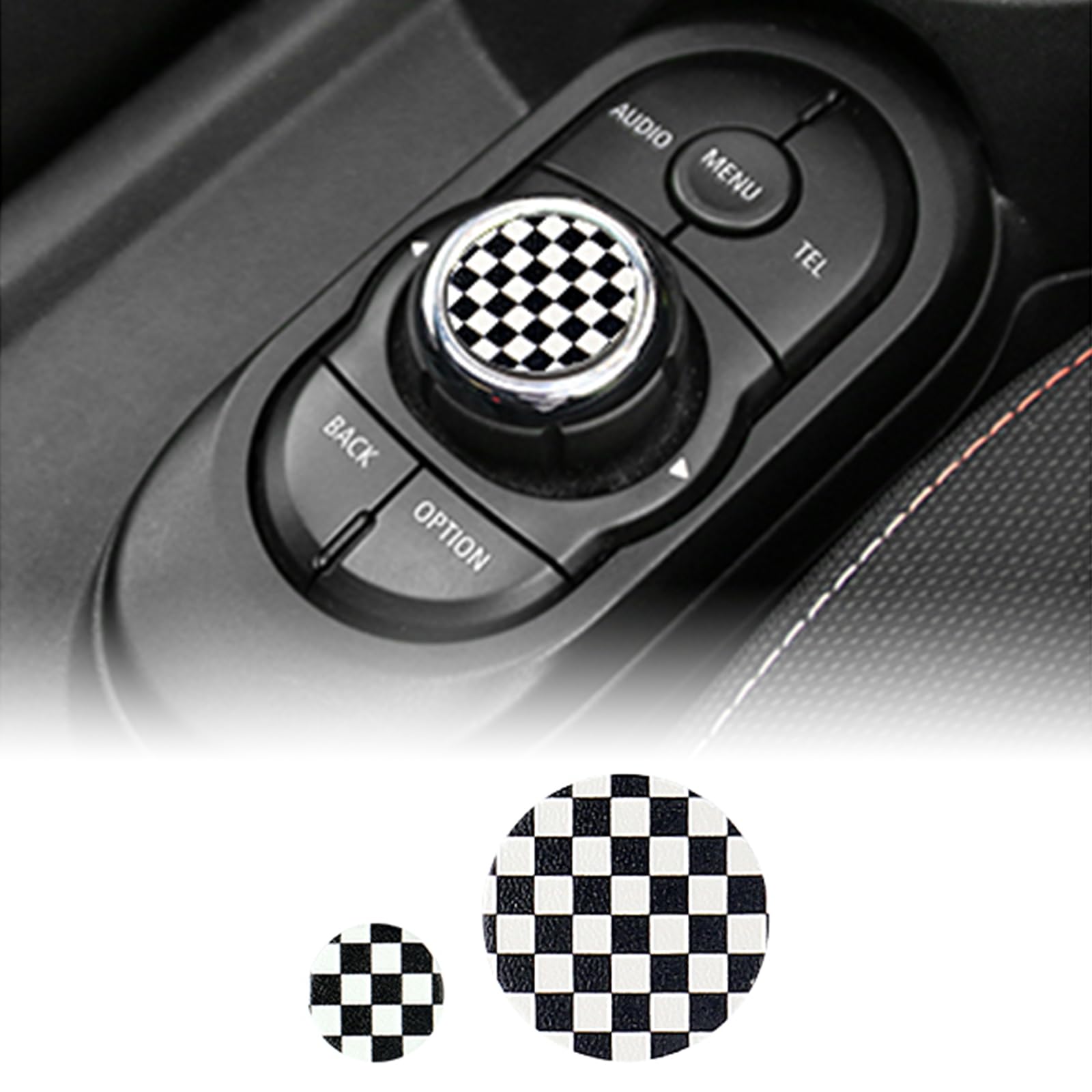 FDAIUN 2Stück Leder Auto Aufkleber Multimedia Knopf Abdeckung Knopfabdeckung Trim Cover Abdeckung Kompatibel mit BMW mini F series F54 F55 F56 F57 Interieur Zubehör (Schwarz Weiß) von FDAIUN