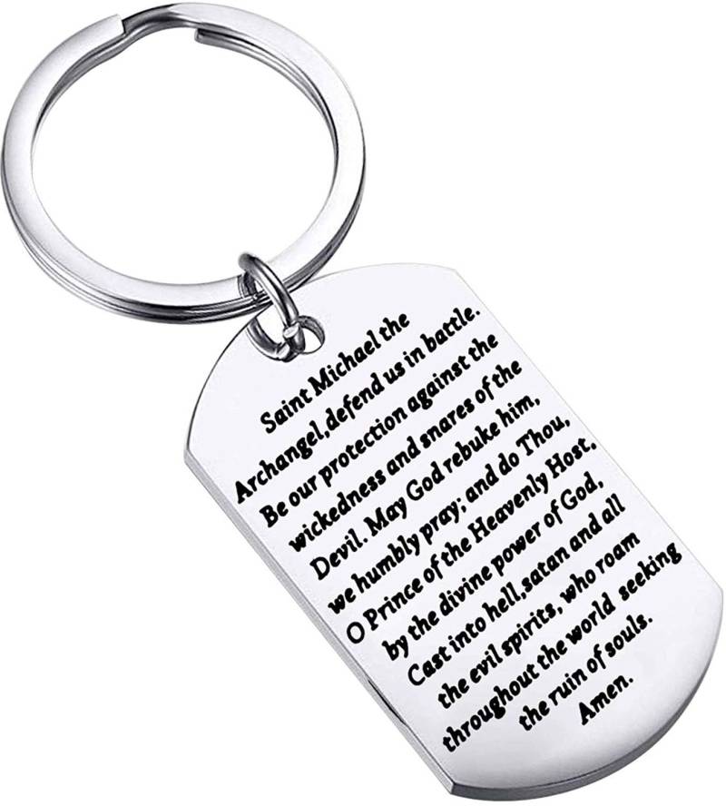 FEELMEM Religiöses Geschenk Michael der Erzengel Gebet Schlüsselanhänger Michael Erzengel Gebet Schützen Sie uns Schlüsselanhänger, silber, Mitte von FEELMEM