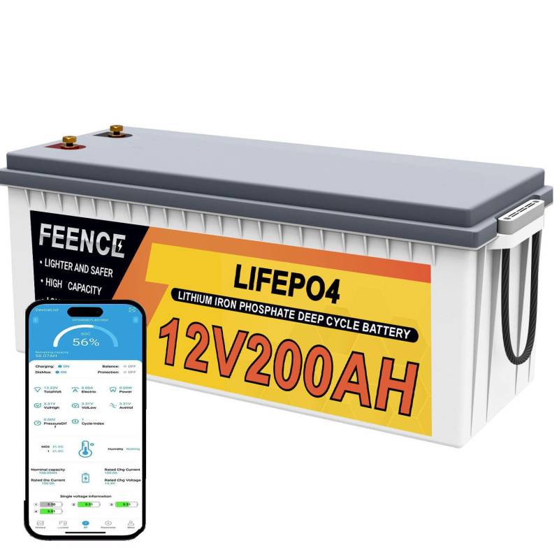 FEENCE 12V 200Ah LiFePO4 Lithium Batterie with Bluetooth, 200A BMS, bis zu 15000 Zyklen, Max. 2560Wh für Wohnwagen, Wohnmobile, Boote, Trolling-motor, Solar, Heim-Energiespeicher, Autorbatterie von FEENCE