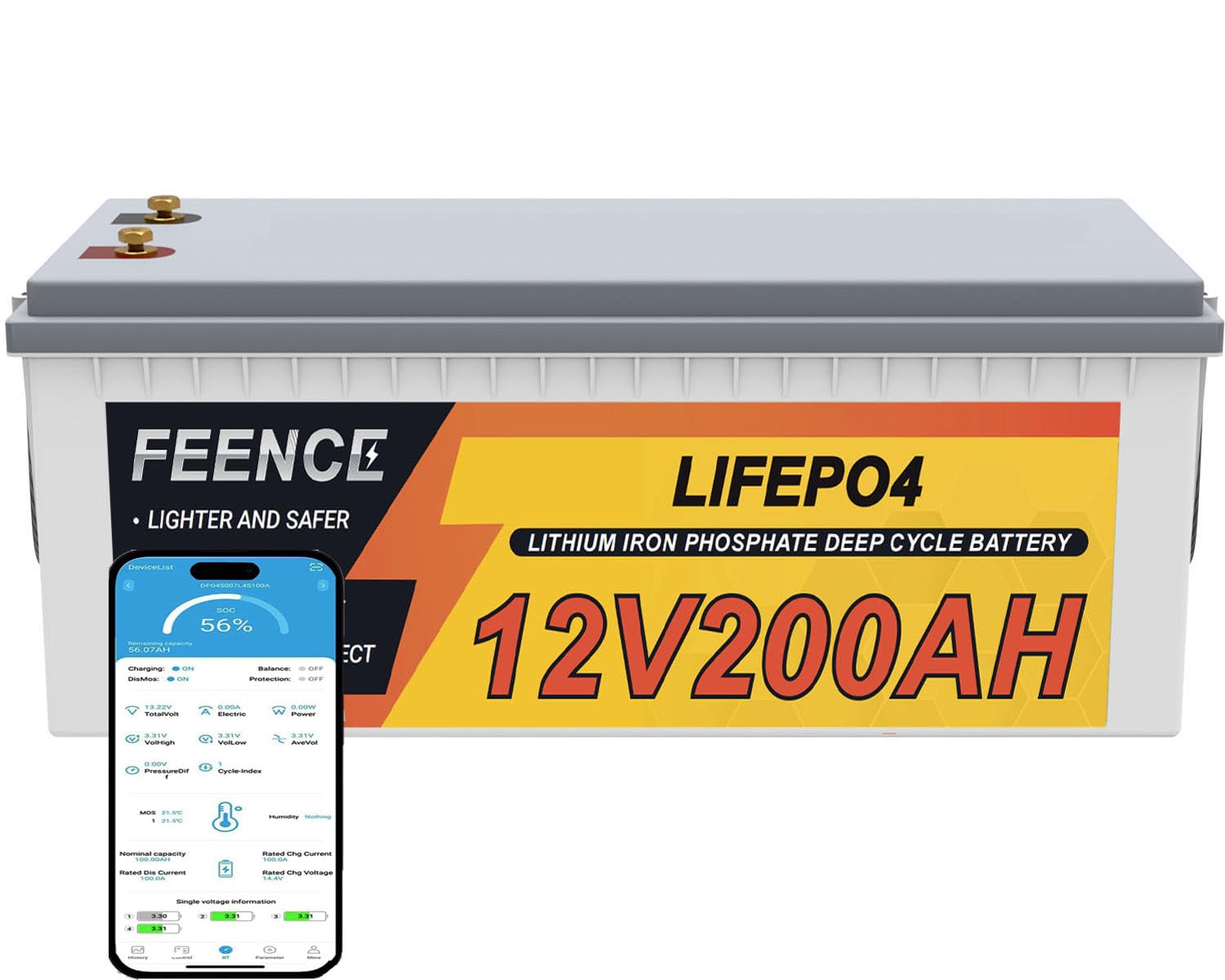 Feence 12v 200ah Plus LiFePO4 Lithium Batterie, mit 200A BMS, 15000 Zyklen Deep Cycle Batterie, Ersatz AGM Gel Batterie für Wohnmobil, Wohnwagen, Boot, Solarpanel, Autobatterie von FEENCE