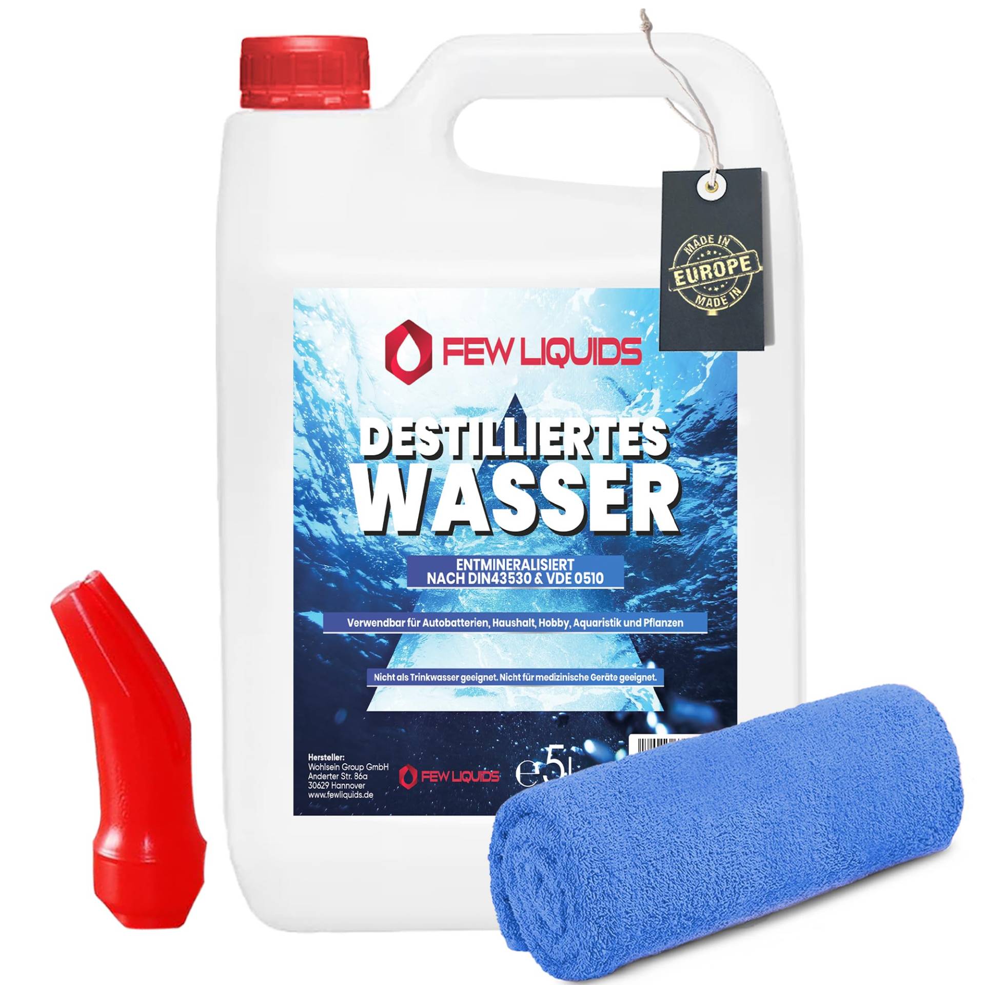 FEW LIQUIDS Destilliertes Wasser 5l -inkl. Ausgießer + Microfasertuch, Ideal für Auto & Bügelwasser | Demineralisiertes & Gereinigtes Wasser | Batteriesäure, Auto Wasser - Distilled Water (5 Liter) von FEW LIQUIDS