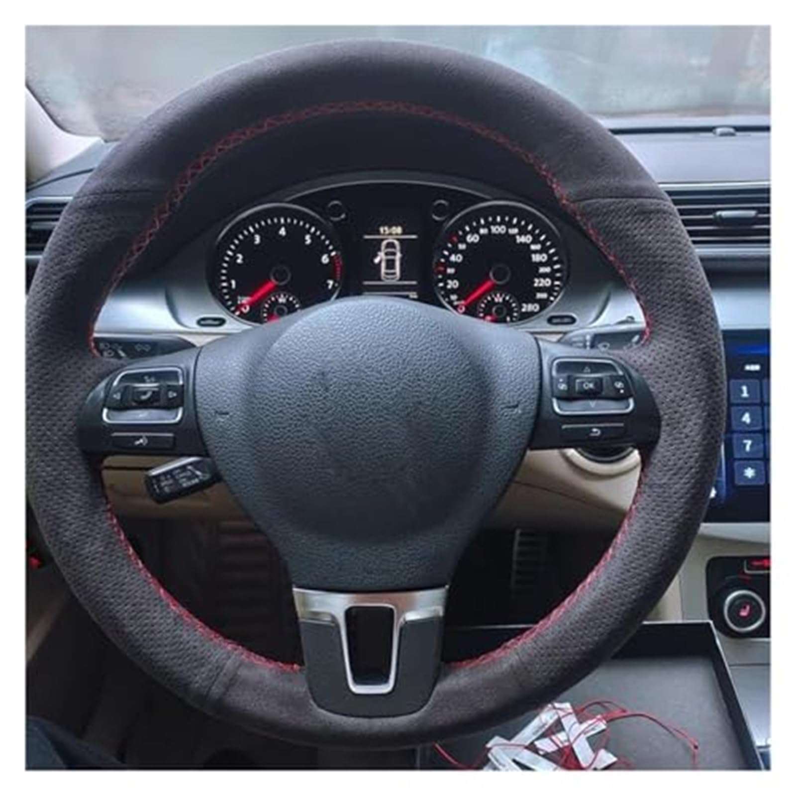 Lenkradabdeckung Für VW Für Golf 6 Für Mk6 Für Sagitar Lenkrad Abdeckung Lenkrad Abdeckung Wildleder Leder Lenkrad Abdeckung(White Thread) von FGKDLDZCZM