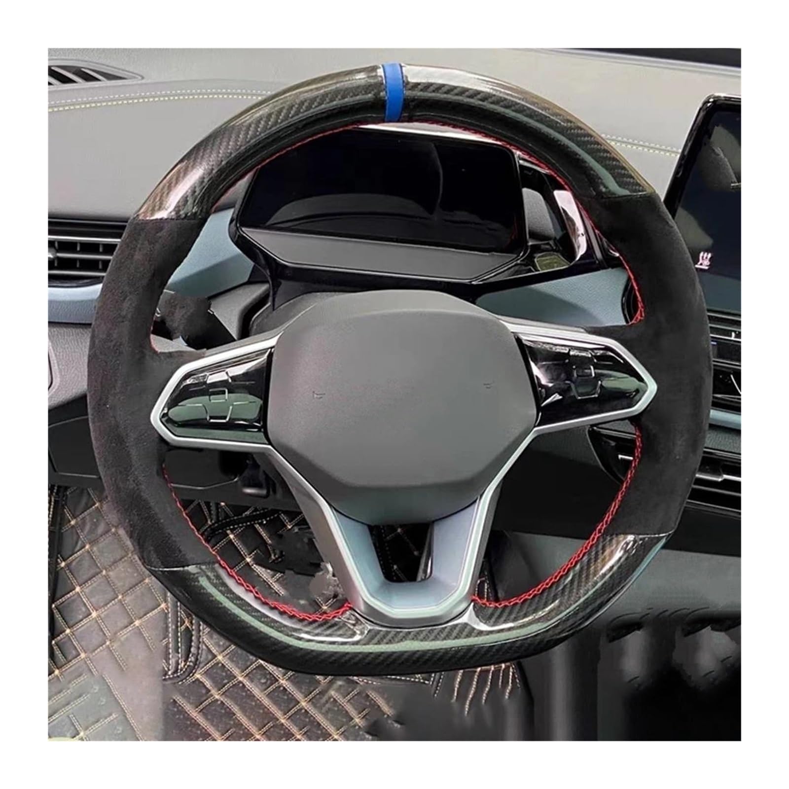 Handgenähte Schwarze Wildleder-Carbonfaser-Lenkradabdeckung Für VW Für Golf 8 2020 Für Atlas 2020 2021 Auto Lenkradabdeckung(Schwarz) von FGOFJG