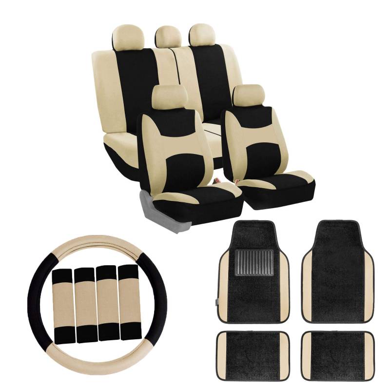 FH GROUP Autositzbezüge, komplettes Set mit Teppich-Fußmatten, Lenkradbezug und Sicherheitsgurtpolstern, universell passend für Autos, LKWs und SUVs (Beige) von FH GROUP