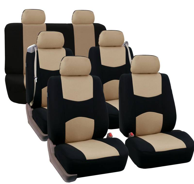 FH GROUP Dreireihiges Komplett-Set – Allzweck-Flachtuch, integrierter Sicherheitsgurt, Autositzbezug, universell passend für Autos, LKWs und SUVs (Beige/Schwarz) FB351217 von FH GROUP