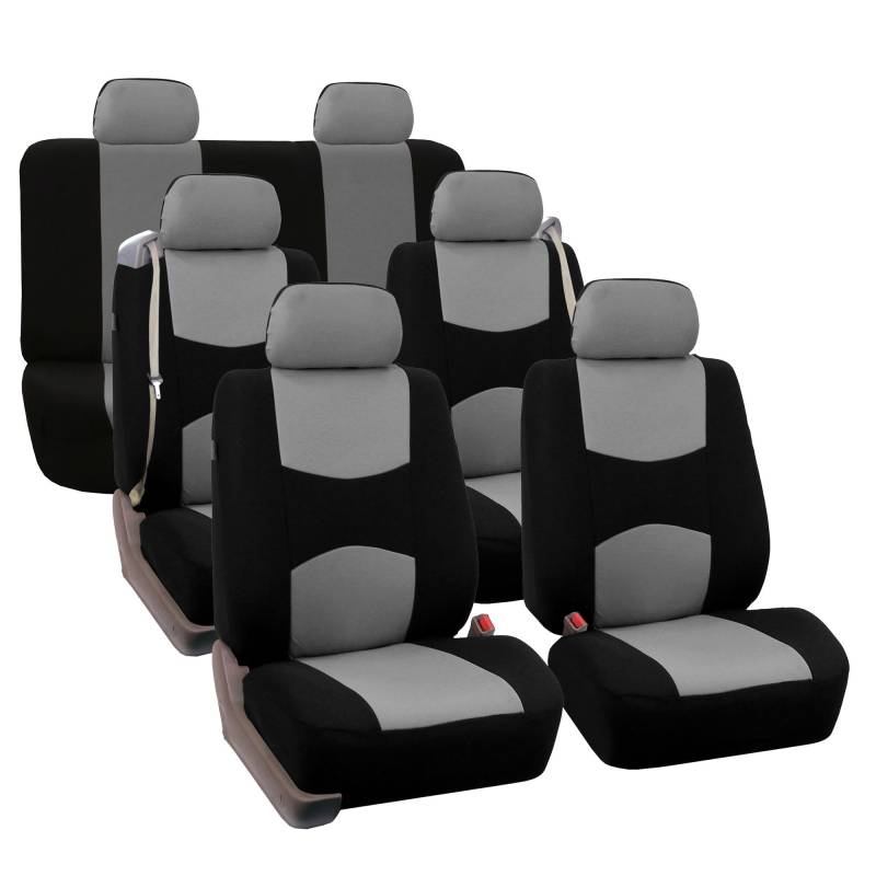 FH GROUP Dreireihiges Komplett-Set – Allzweck-Flachtuch, integrierter Sicherheitsgurt, Autositzbezug, universell passend für Autos, LKWs und SUVs (Grau/Schwarz) FB351217 von FH GROUP