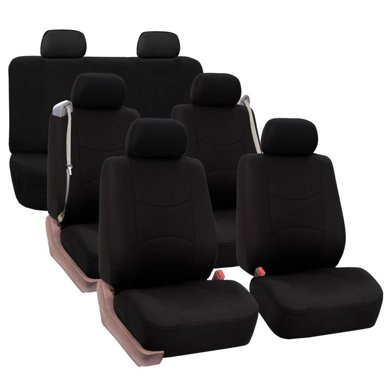 FH GROUP Dreireihiges komplettes Set – Allzweck-Stoff, integrierter Sicherheitsgurt, Autositzbezug, universell passend für Autos, LKWs und SUVs (Solid Black) FH-FB351217 von FH GROUP