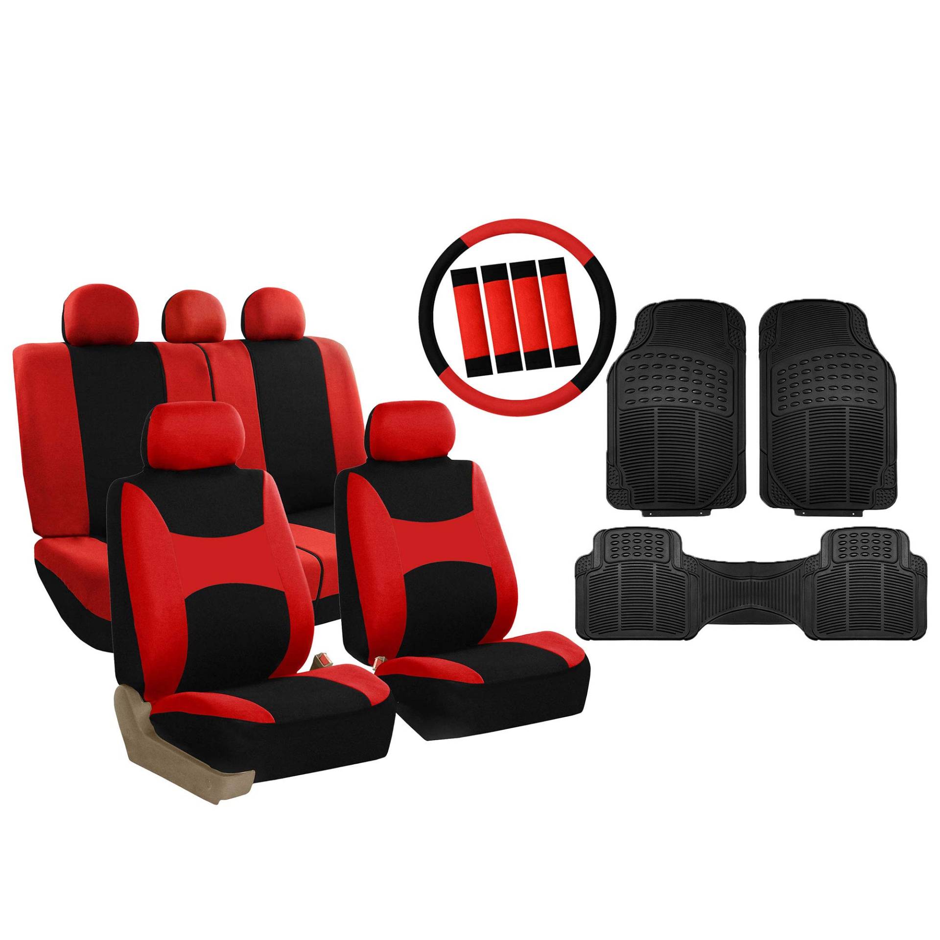 FH GROUP Light & Breezy Cloth Komplettes Set Autositzbezüge (Rot/Schwarz) Kombi-Set: Lenkradbezug, Sicherheitsgurtpolster und Schwarze Vinyl-Fußmatten - Universell passend für Autos, LKWs, SUVs von FH GROUP
