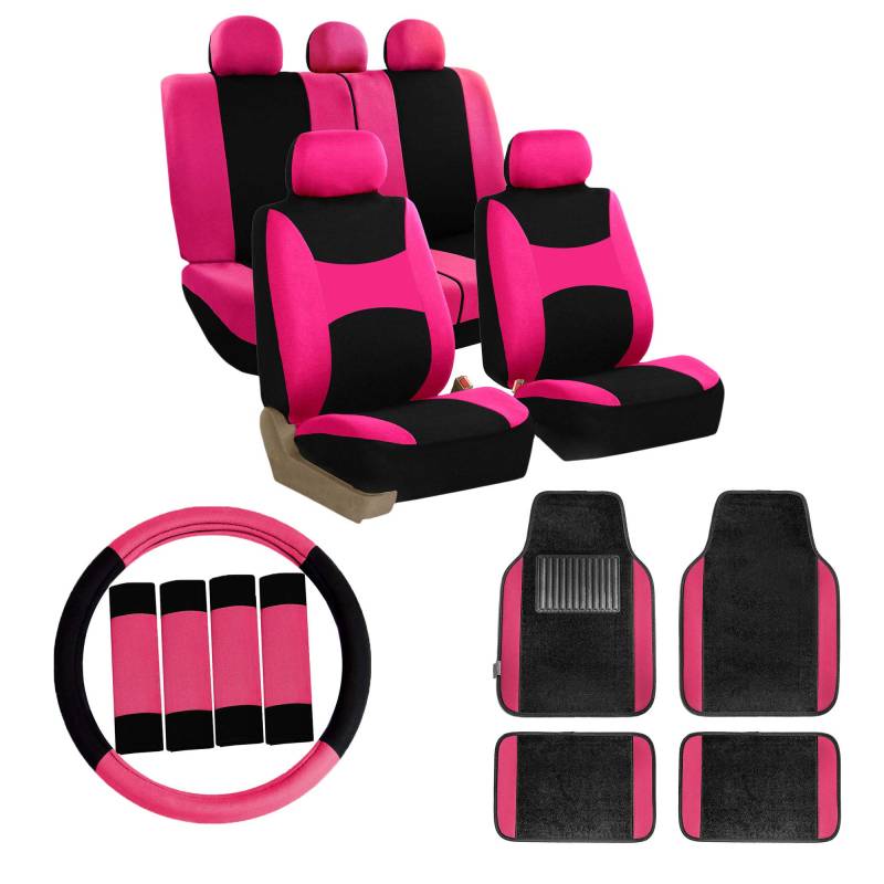FH Group Autositzbezüge, komplettes Set mit Teppich-Fußmatten, Lenkradbezug und Sicherheitsgurtpolstern, universell passend für Autos, LKWs und SUVs (Pink) von FH GROUP
