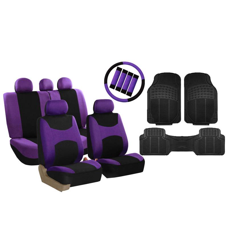 FH Group Light & Breezy Cloth Full Set Car Seat Covers (Purple /Black) Combo Set: Steering Wheel Cover, Seat Belt Pads and Black Vinyl Floor Mats – Universal Fit for Cars Trucks & SUVs von FH GROUP